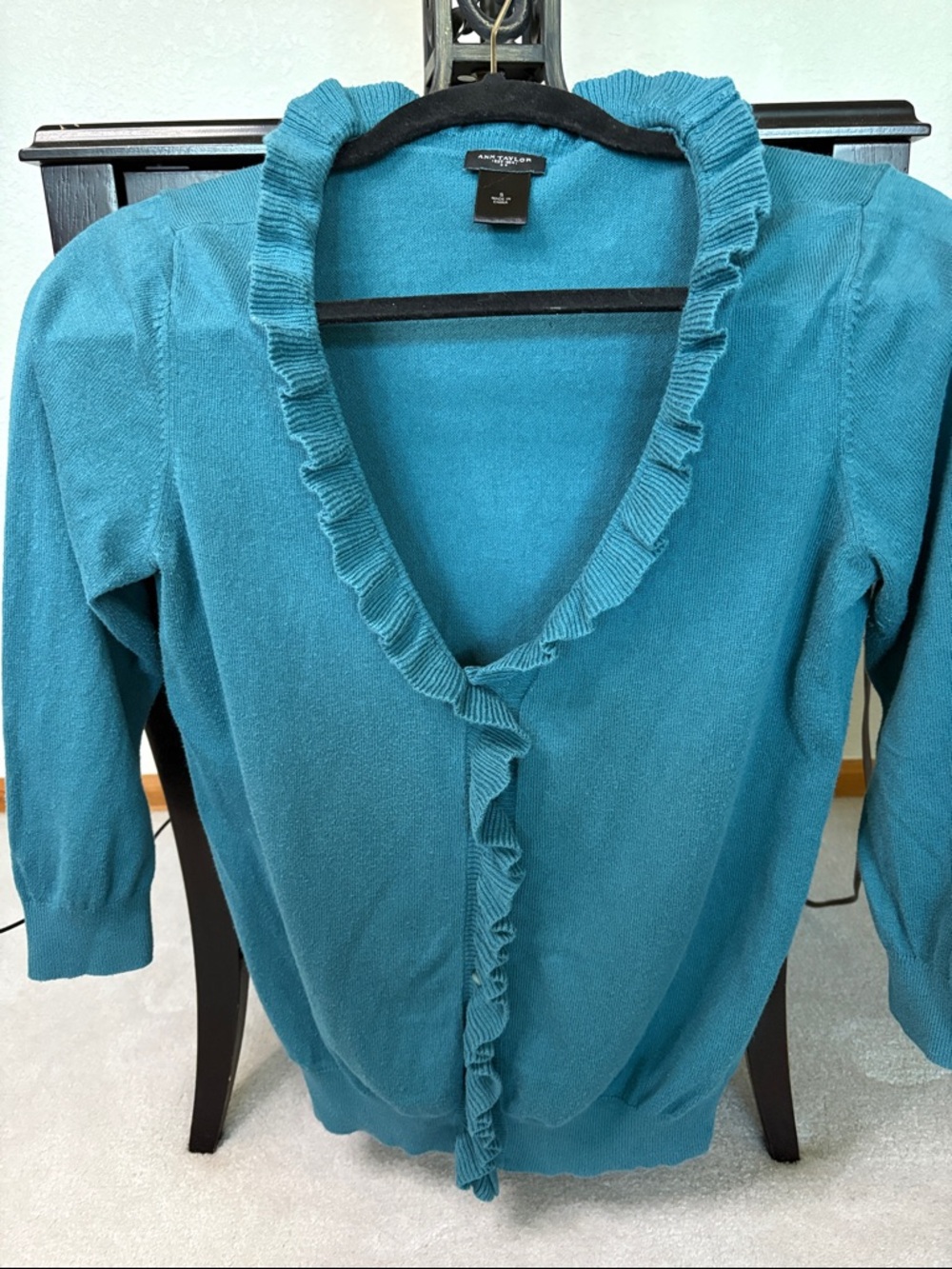 Ann Taylor Teal Ruffle-Trim V-Neck Cardigan